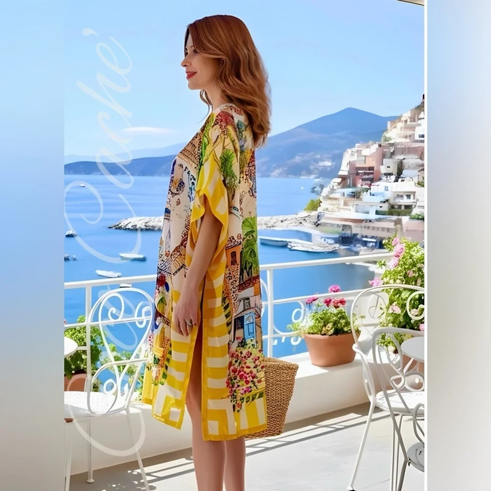 Portofino Riviera Tropical Pattern Oversized Casual Midi Dress - Picture 3 of 16